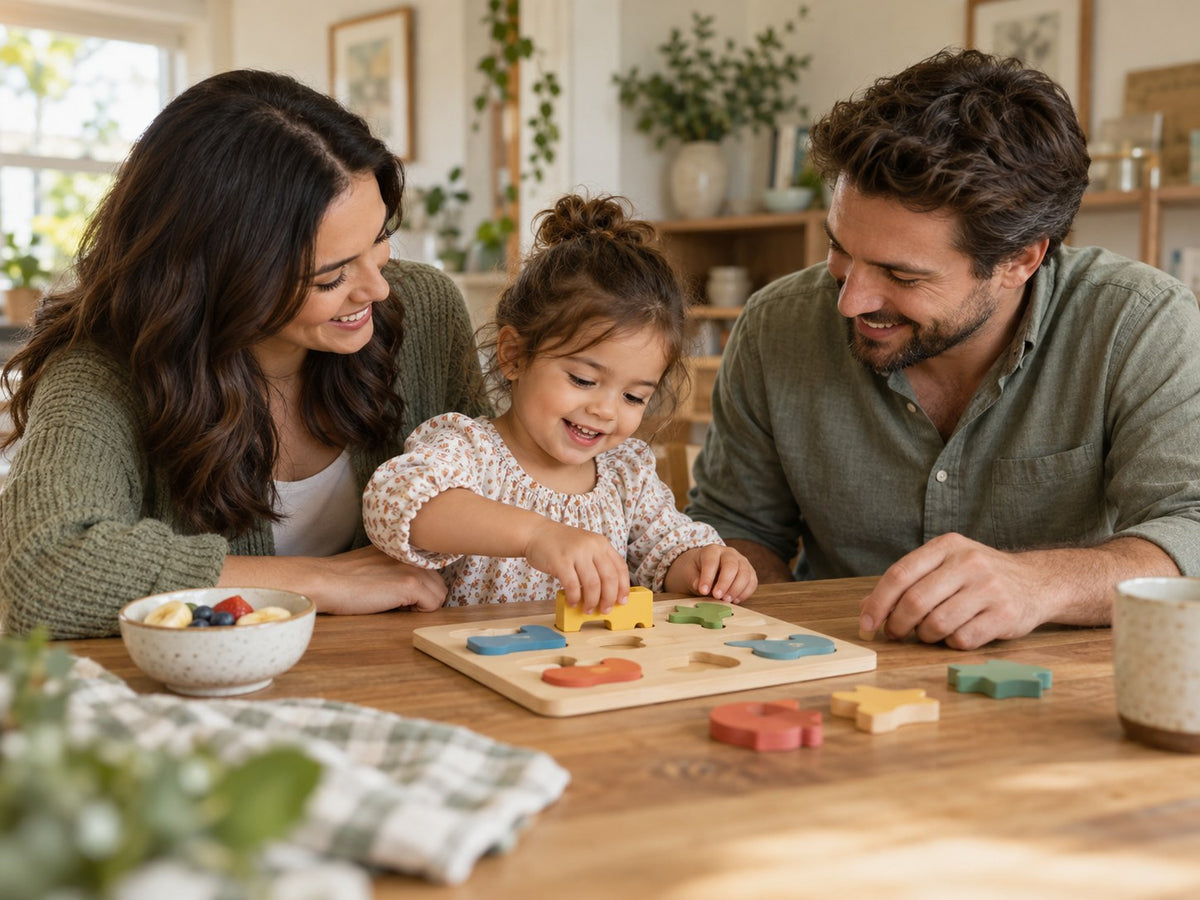 Family enjoying a simple wooden puzzle together at their home dining table.