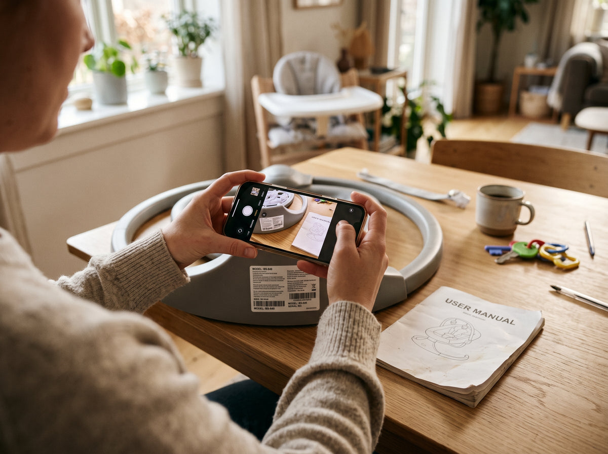 Parent photographing a baby product model label for customer support